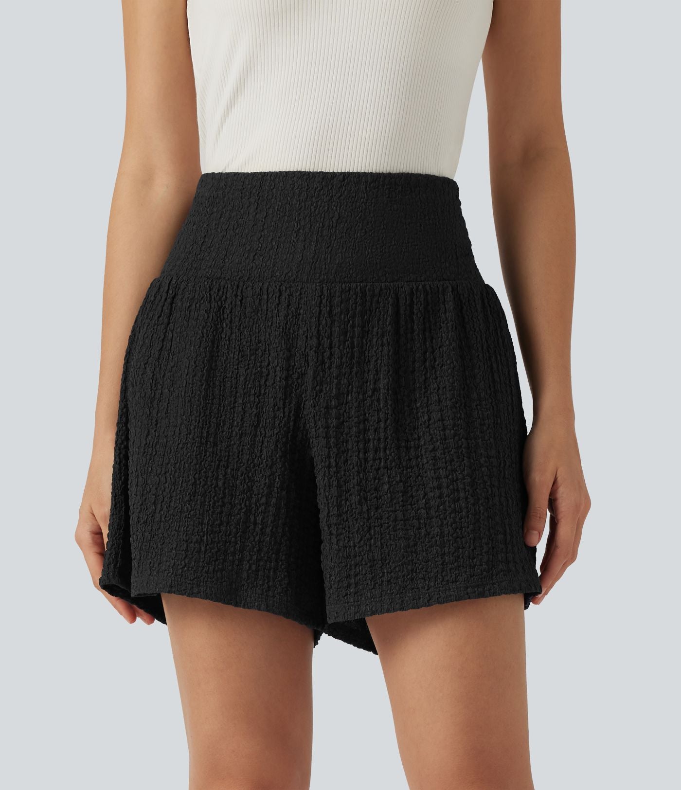 Short baggy 2-en-1 casual en tissu froissé taille haute avec poches