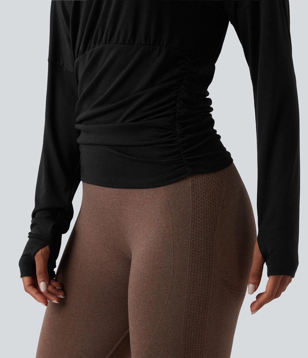 Haut de sport décontracté 2-pièces asymétrique à manches longues, trous pour les pouces et fronces