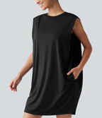 Robe active mini de yoga à col rond avec coussinets amovibles, poches et protection solaire UPF 50+