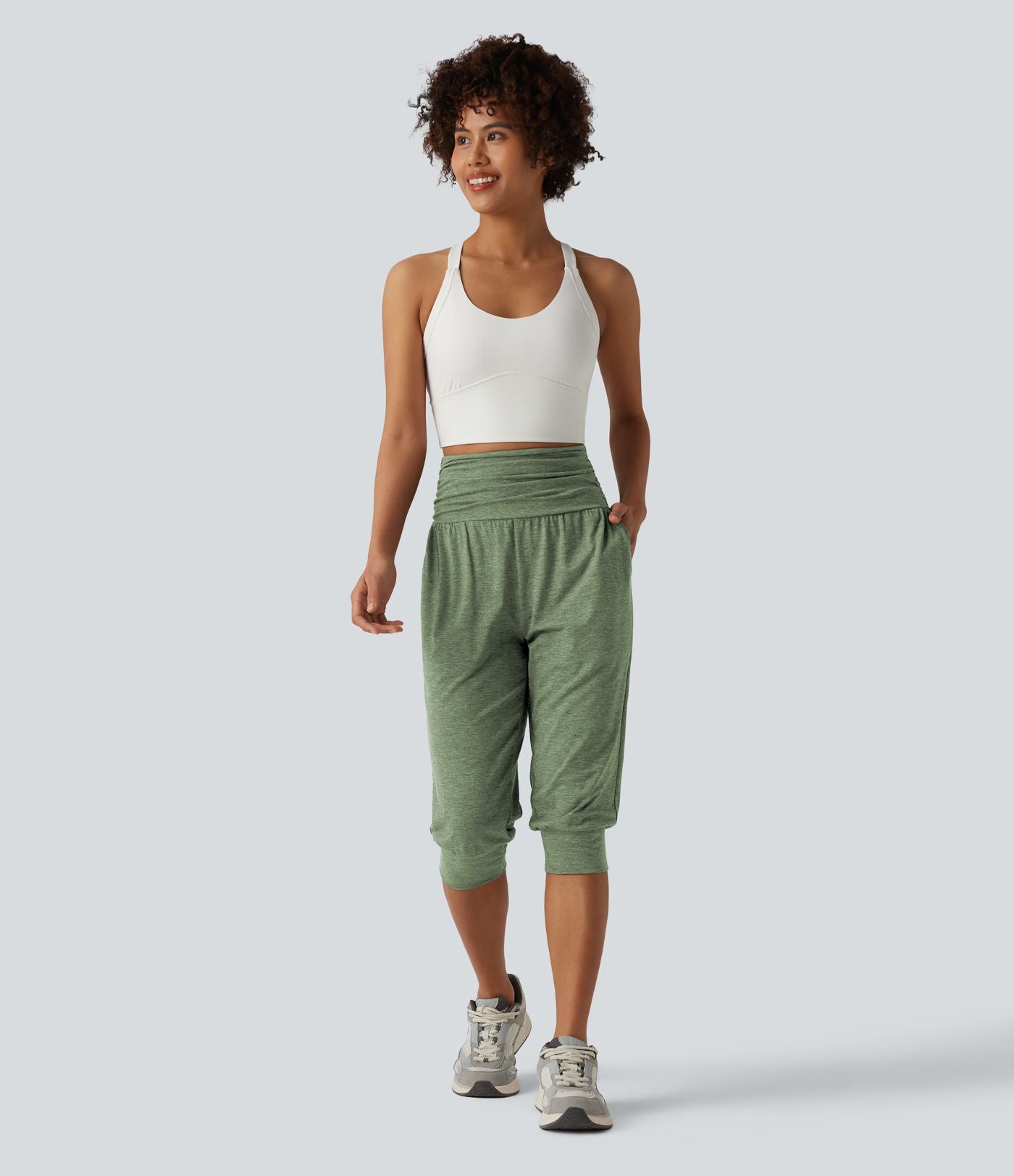 Jogging yoga corsaire chiné taille haute à fronces avec poches