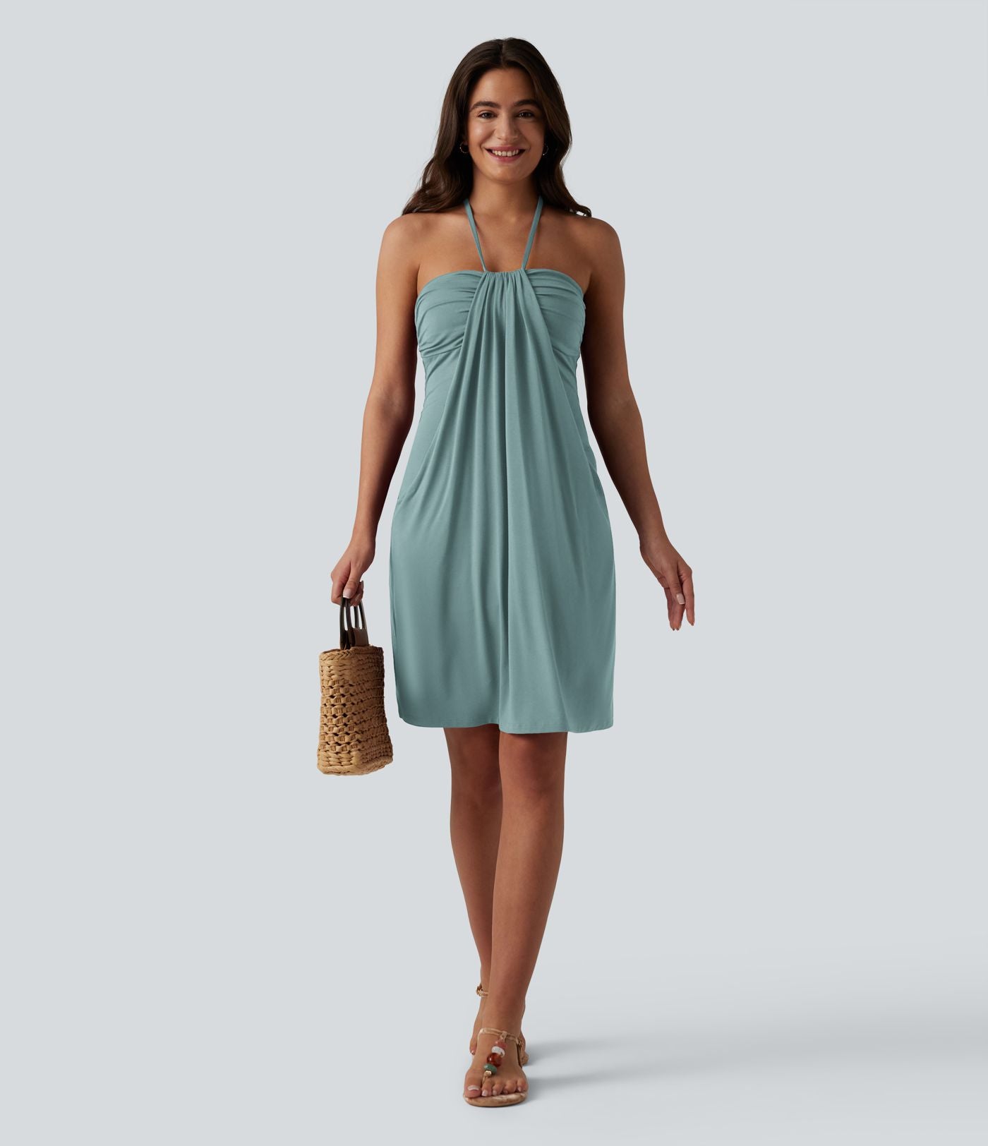 Robe mini dos nu à bretelles, brassière intégrée et poches