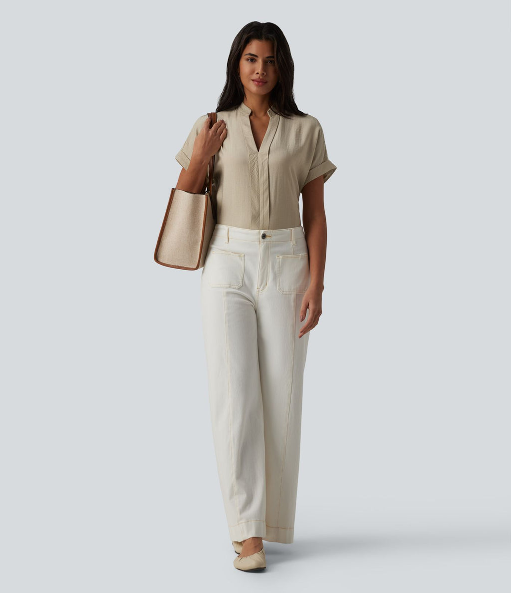 Chemise col V manches courtes aspect lin pour le bureau