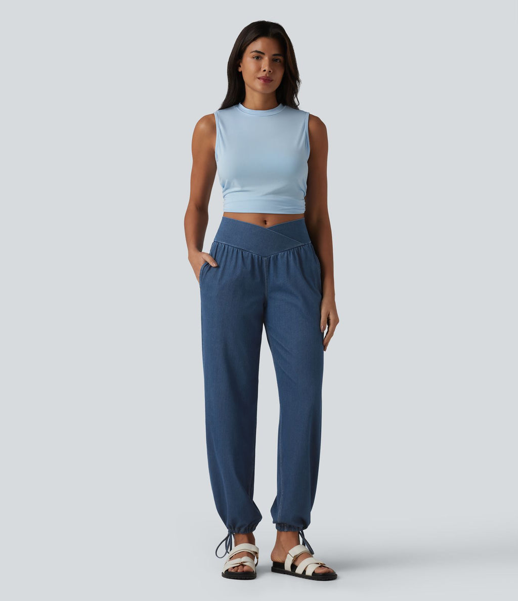 Halara Flex™ Jogging décontracté en denim taille mi-haute croisé avec cordon de serrage et poches