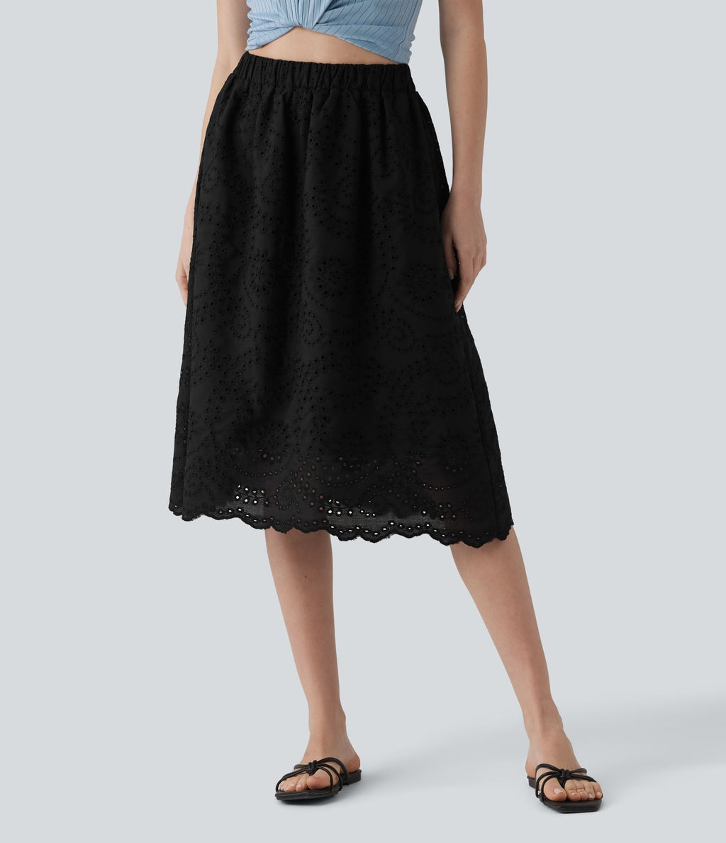 Jupe évasée plage broderie anglaise taille haute