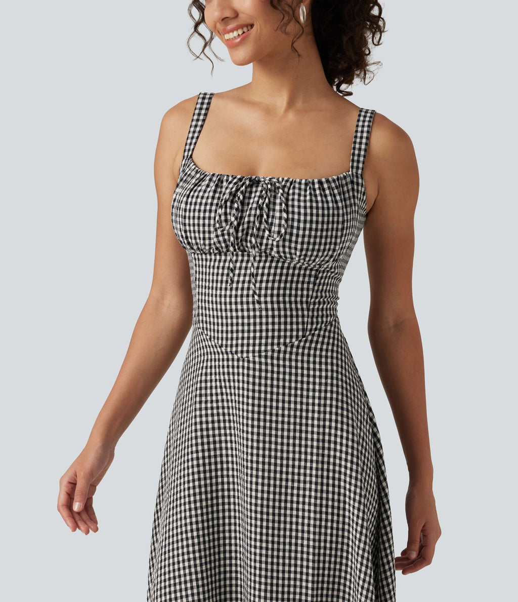 Robe midi fluide style vacances effet lin à motif tartan, encolure carrée, dos nu croisé et corset