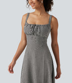 Robe midi fluide style vacances effet lin à motif tartan, encolure carrée, dos nu croisé et corset