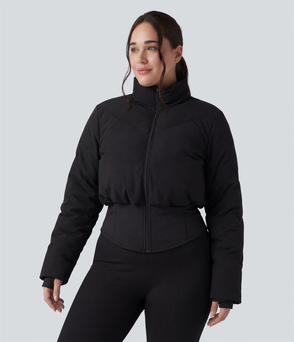 PuffFlex Grande taille Doudoune courte 3-en-1 col montant casual & Veste à ourlet arrondi et trous pour les pouces avec poches