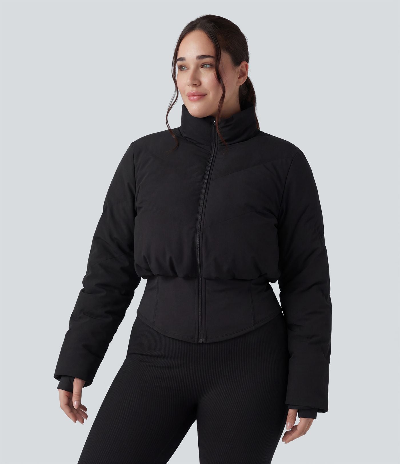 PuffFlex Grande taille Doudoune courte 3-en-1 col montant casual & Veste à ourlet arrondi et trous pour les pouces avec poches