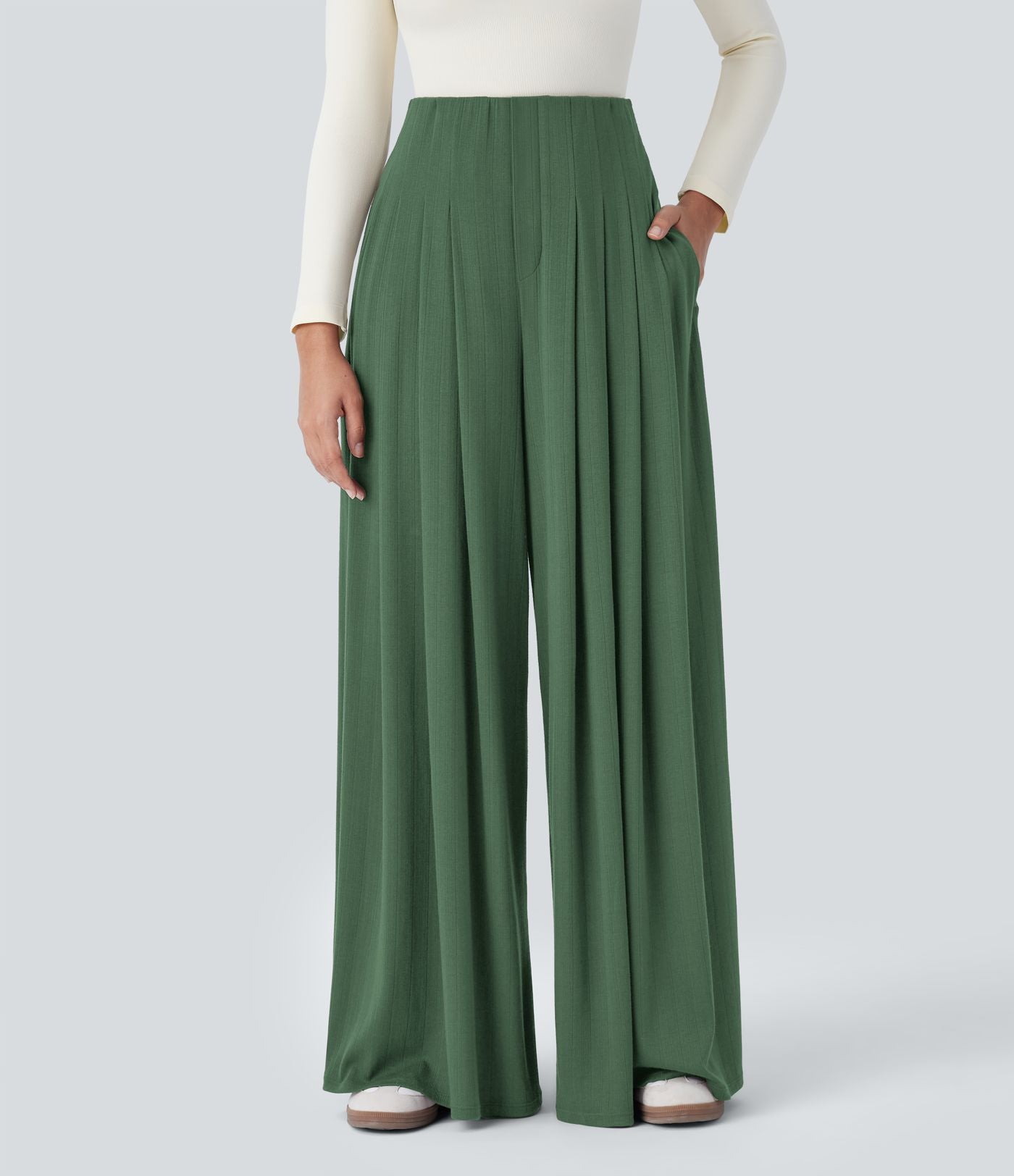 Pantalon décontracté ample à taille haute, plissé et à poches latérales