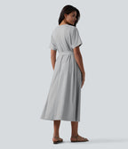 Robe T-shirt casual midi fluide col rond manches courtes avec ceinture et poches