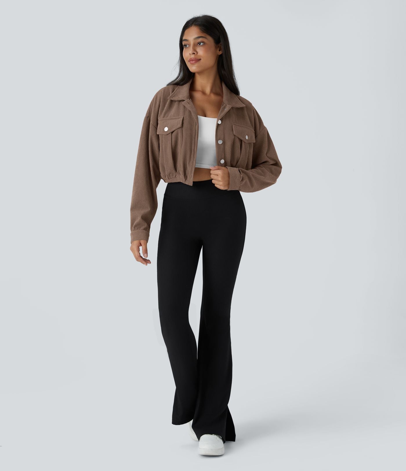 Veste Casual en Velours Côtelé à Boutons Poches Col Court