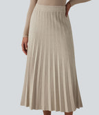 Jupe midi casual en maille plissée taille haute, coupe trapèze