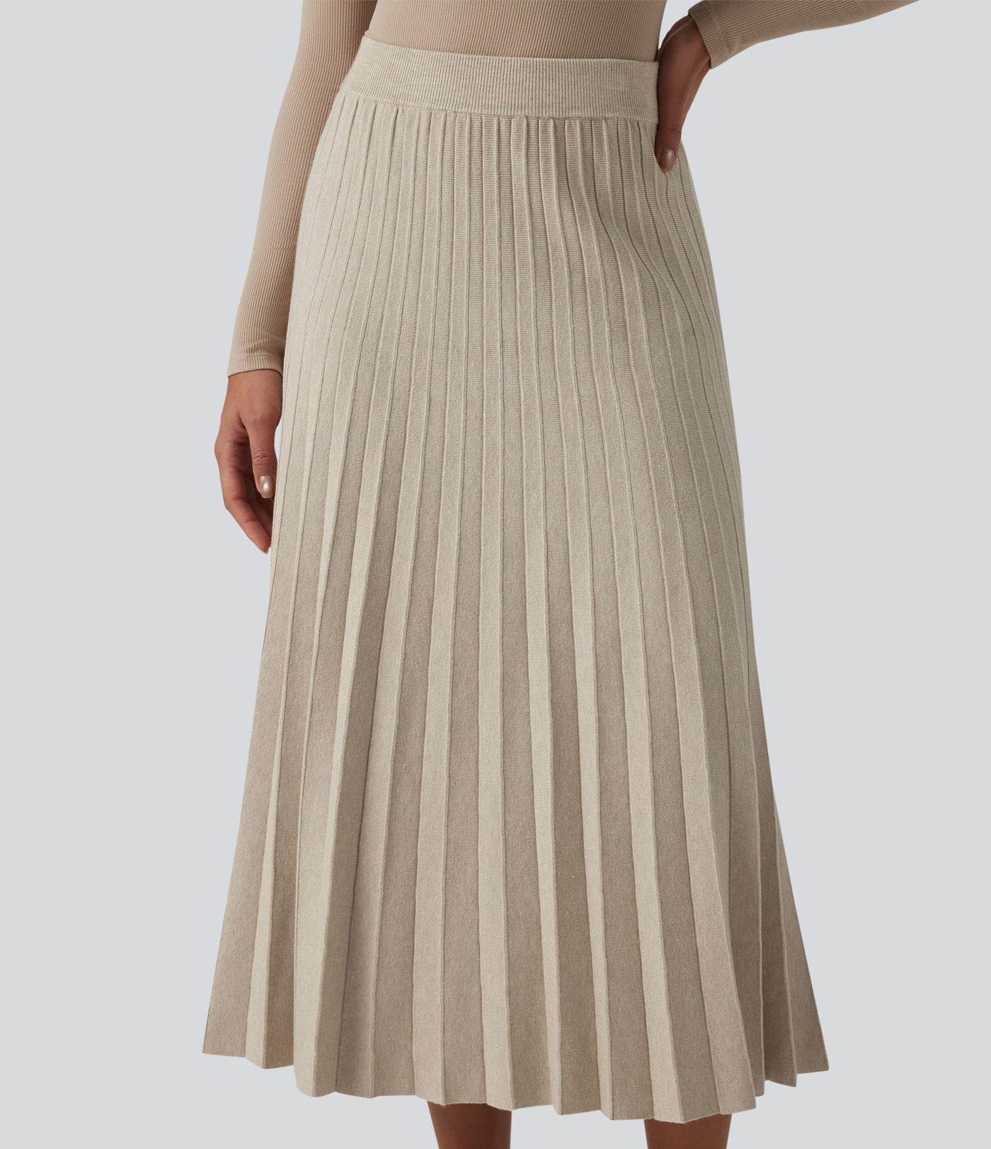 Jupe midi casual en maille plissée taille haute, coupe trapèze