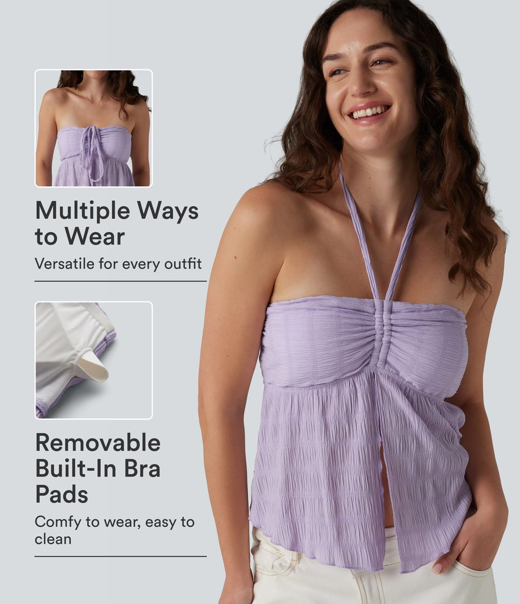 Débardeur dos nu avec soutien-gorge intégré, col licou, lien dans le dos et bordure ondulée