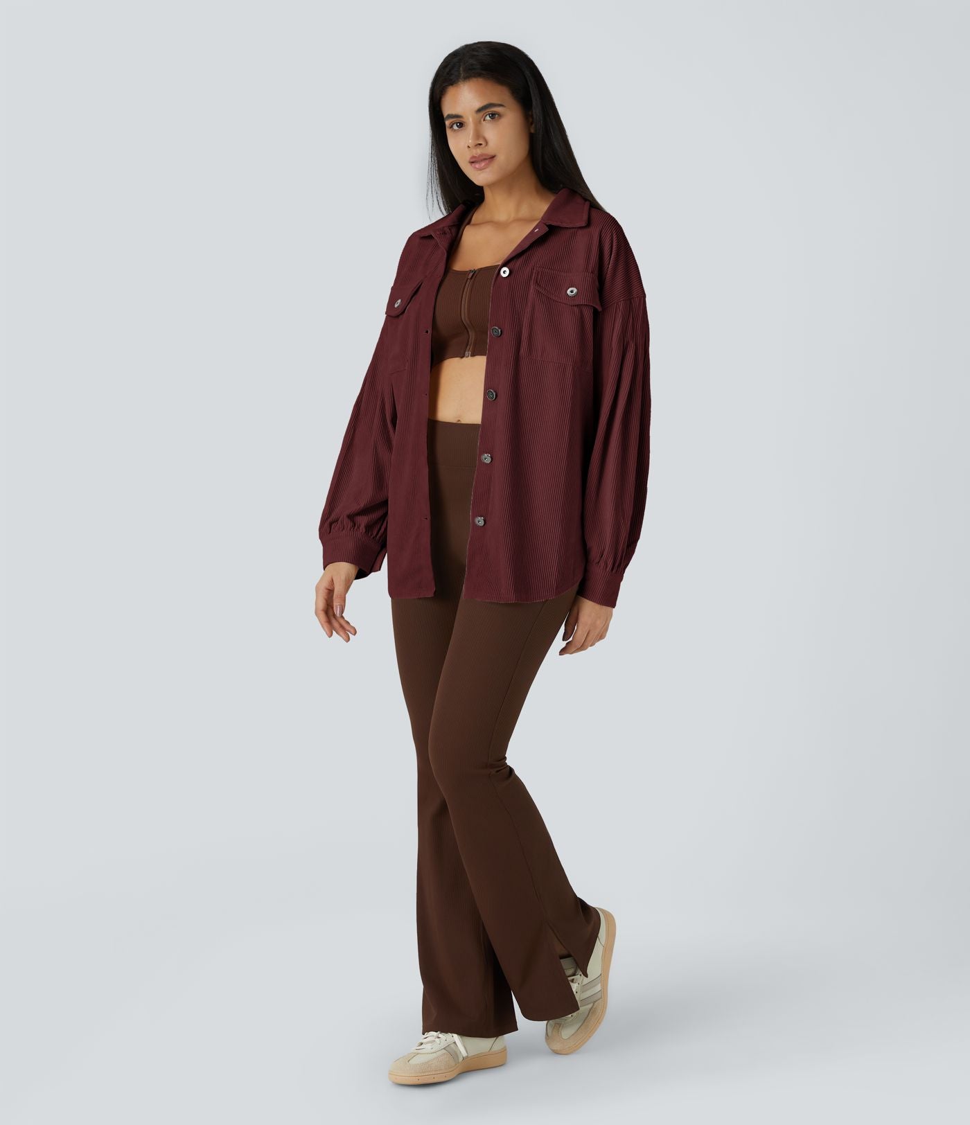 Veste Casual en Velours Côtelé à Col Boutonné Poches et Manches Longues Ourlet Courbé