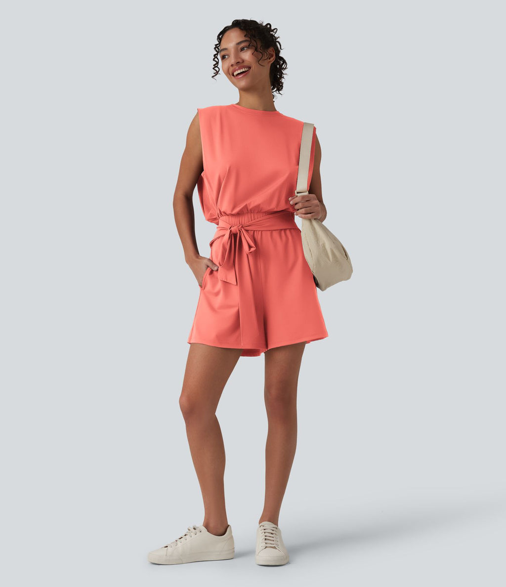 Combishort décontracté col rond sans manches effet frais InstantCool avec nœud frontal et poches, accès facile Easy Peasy, protection solaire UPF50+