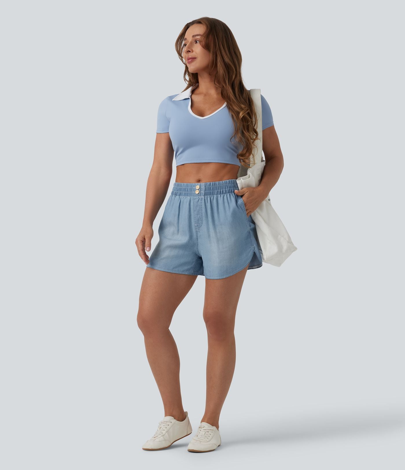 Short en jean décontracté taille mi-haute en lyocell drapé, 9 cm, avec poches