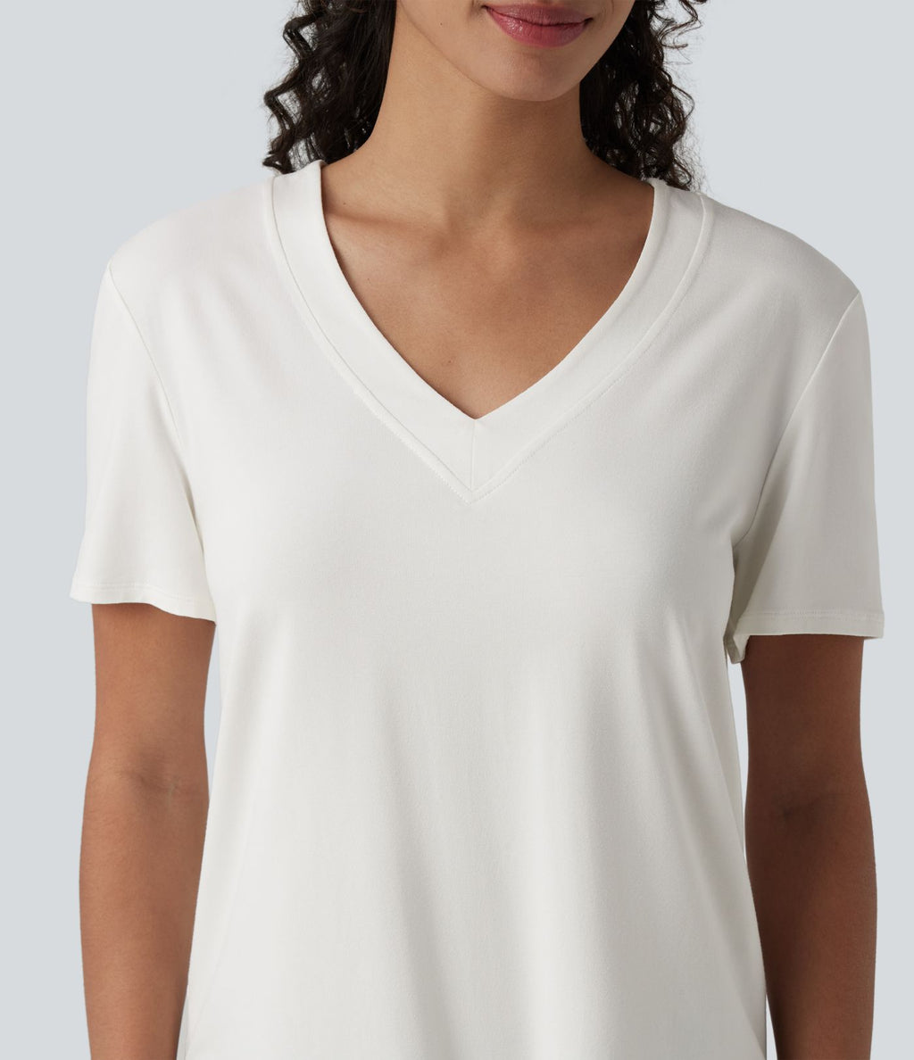 T-shirt décontracté col V manches courtes ourlet arrondi