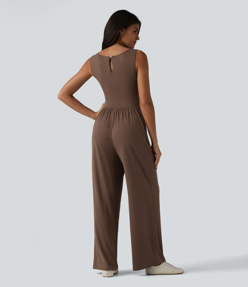 Combinaison casual froncée jambe large sans manches à col bateau avec poches - Édition Easy Peasy