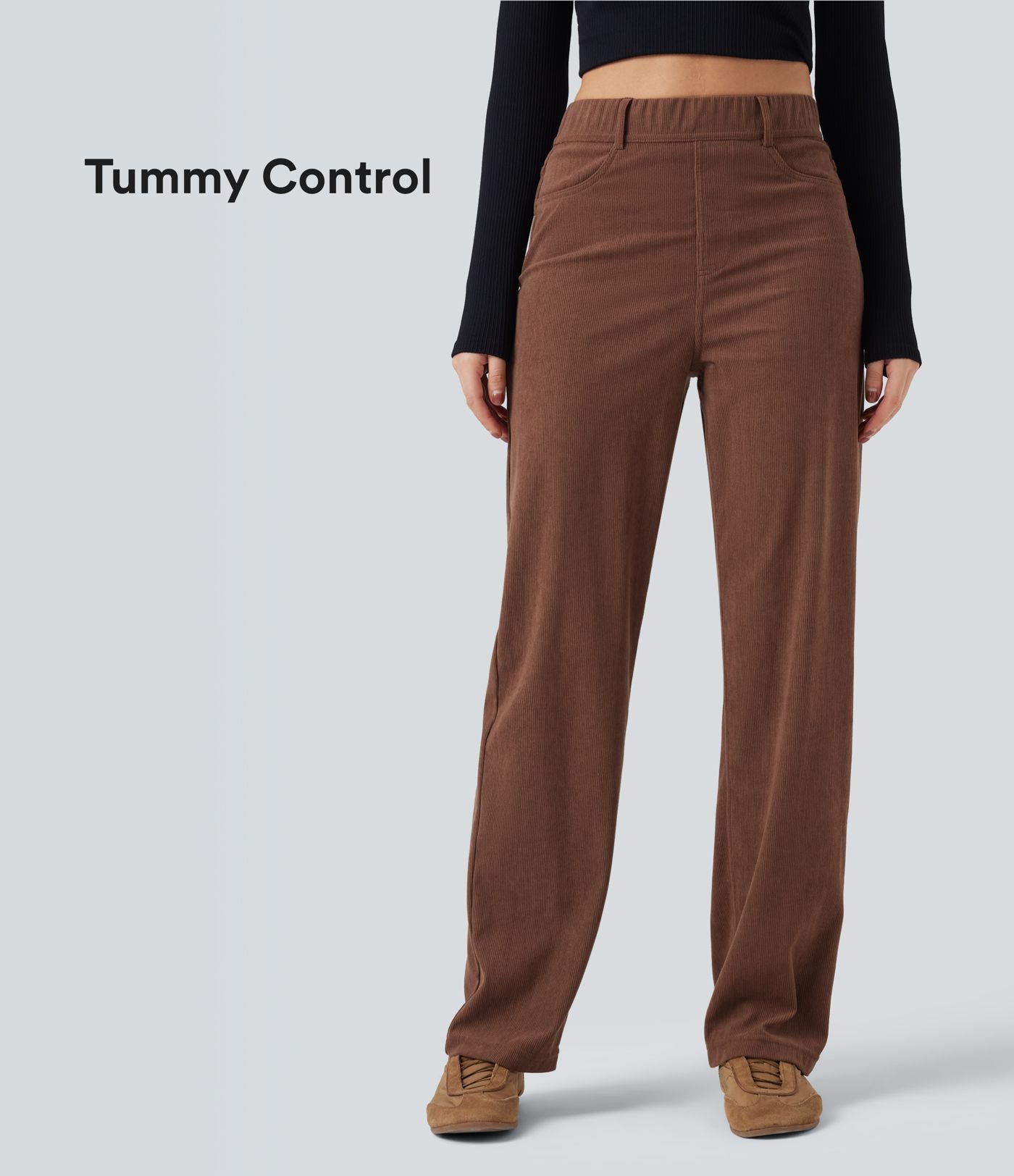 Pantalon décontracté droit en velours côtelé, taille haute, gainant, avec poches