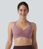 Brassière de sport yoga maintien léger dos croisé ouvert bretelles réglables froncée avec brassière intégrée, à effet frais InstantCool et séchage rapide, protection solaire UPF50+