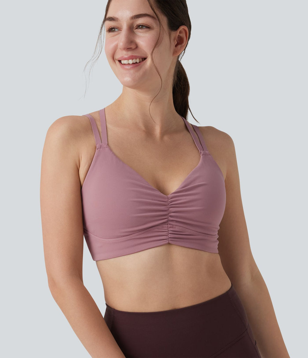 Brassière de sport yoga maintien léger dos croisé ouvert bretelles réglables froncée avec brassière intégrée, à effet frais InstantCool et séchage rapide, protection solaire UPF50+