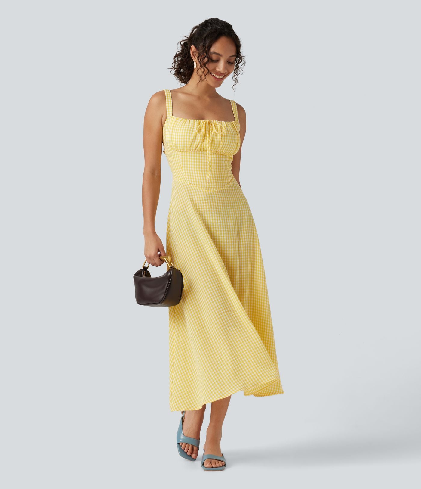 Robe midi fluide style vacances effet lin à motif tartan, encolure carrée, dos nu croisé et corset