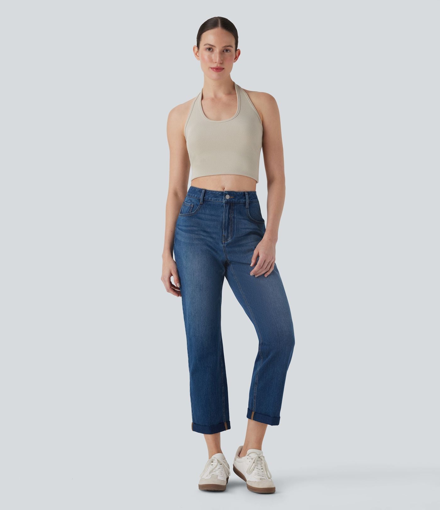 Jean 7/8 décontracté délavé taille mi-haute à jambe droite Halara Flex™ avec poches