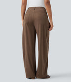 Pantalon décontracté large en velours côtelé taille haute avec poches