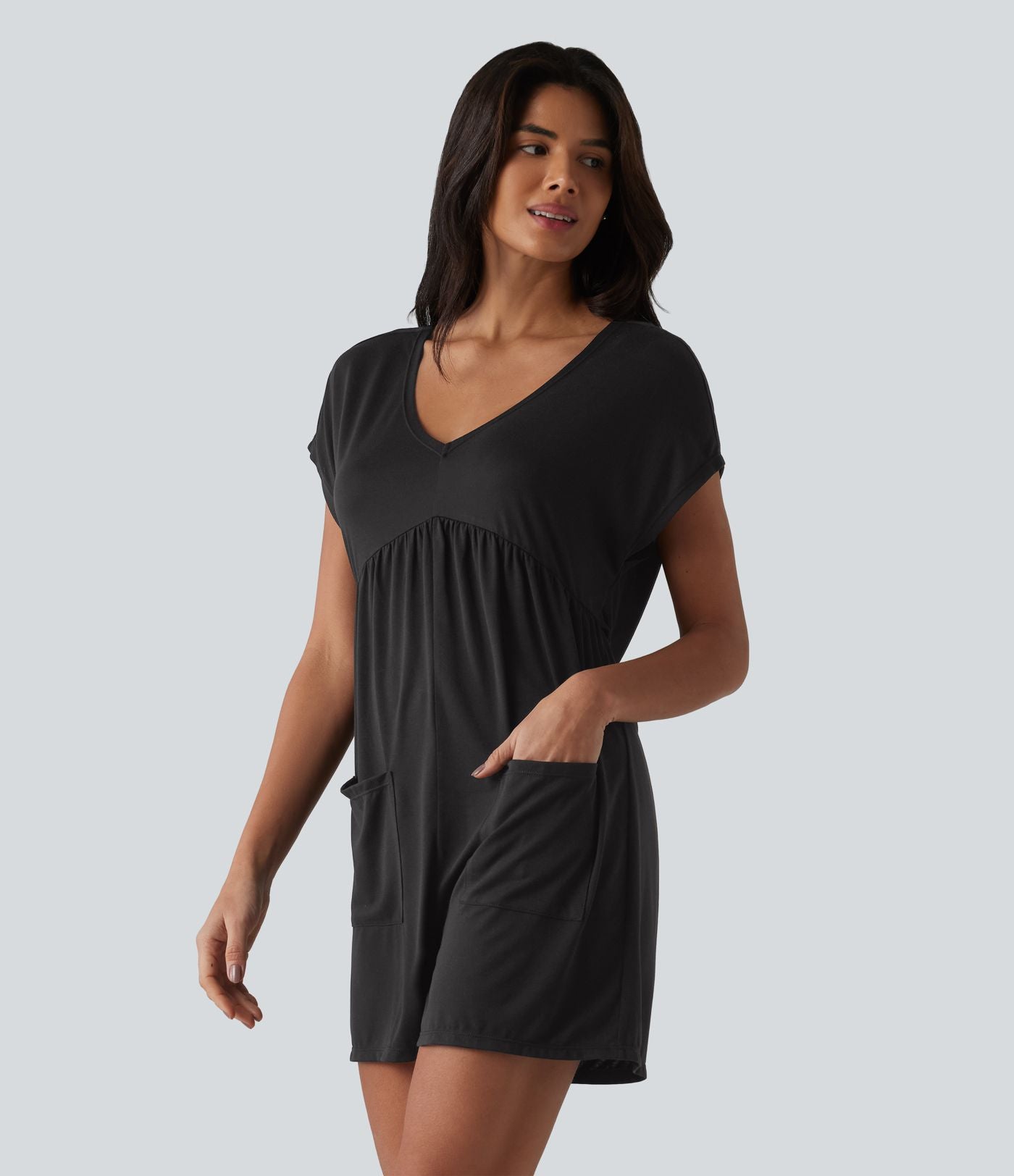 Combishort décontracté col V dos drapé manches courtes en jersey chiné avec poches - Easy Peasy