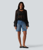 Chemise casual transparente col V manches longues à volants