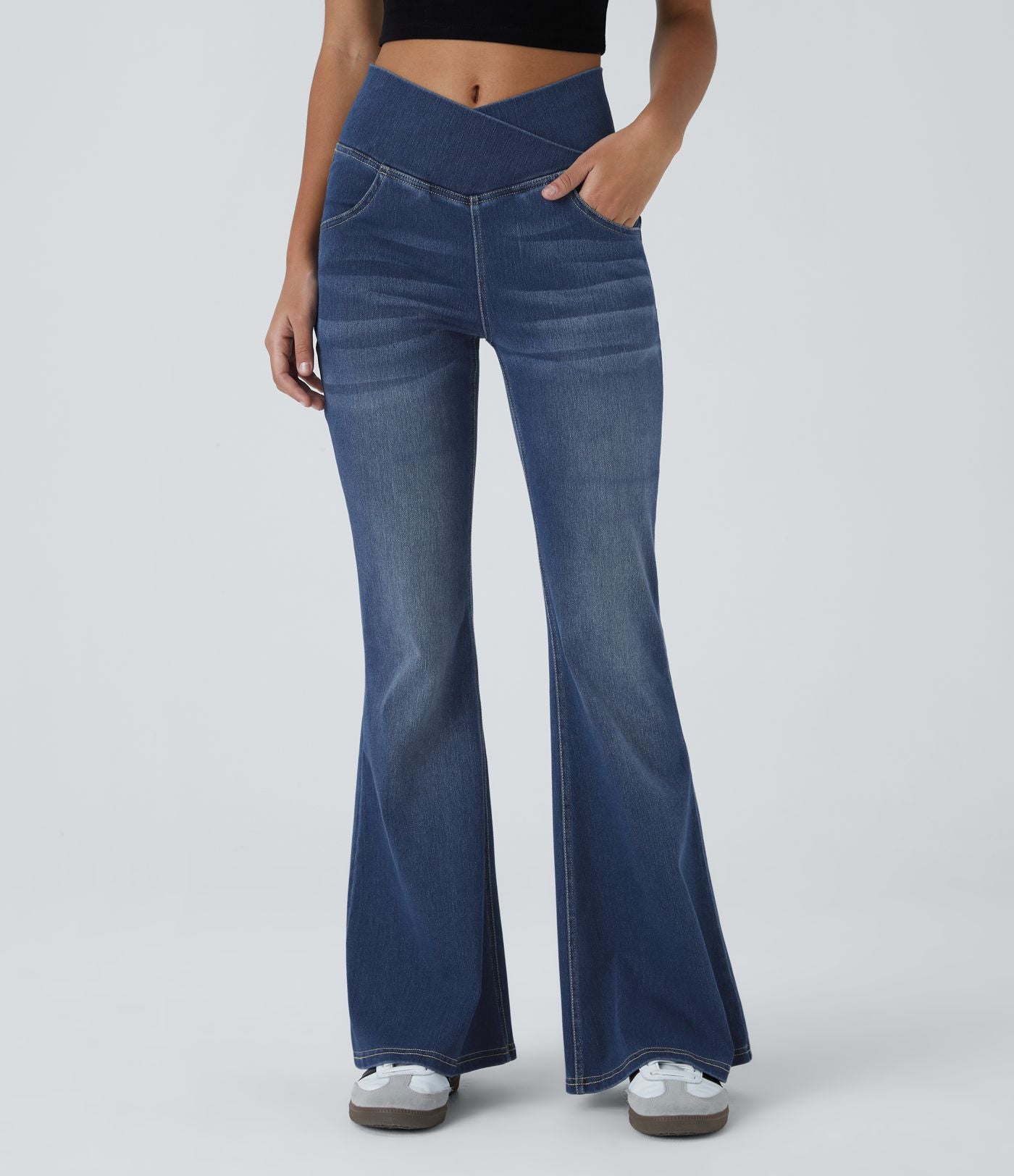 Halara Flex™ Jean Évasé à Taille Haute avec Poche Crossover Tissu Élastique Lavé