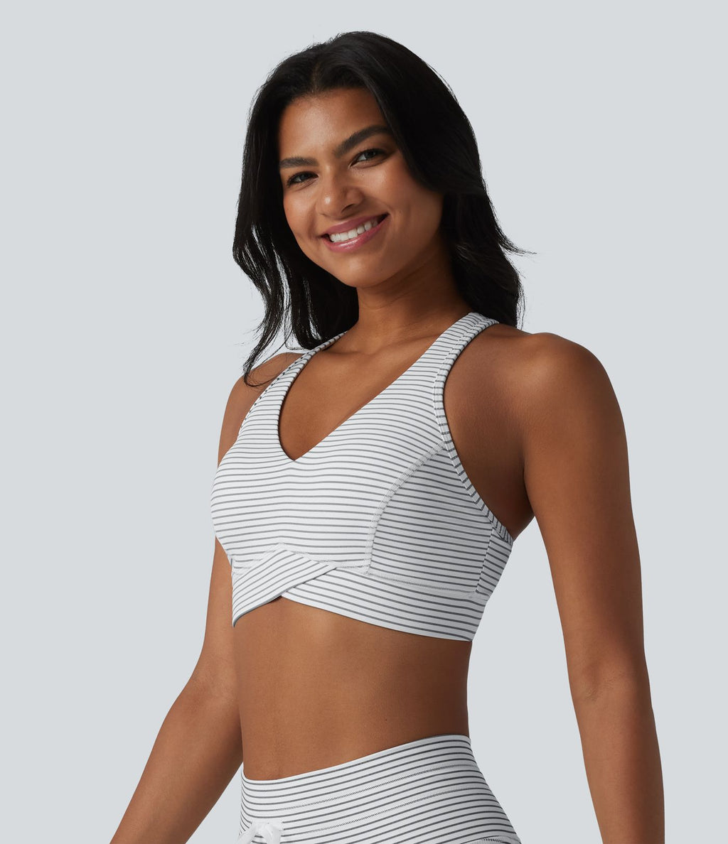 Brassière de sport col V dos nageur maintien moyen à rayures