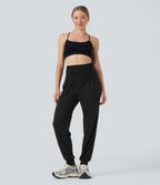 Jogging taille haute froncé chiné avec poches