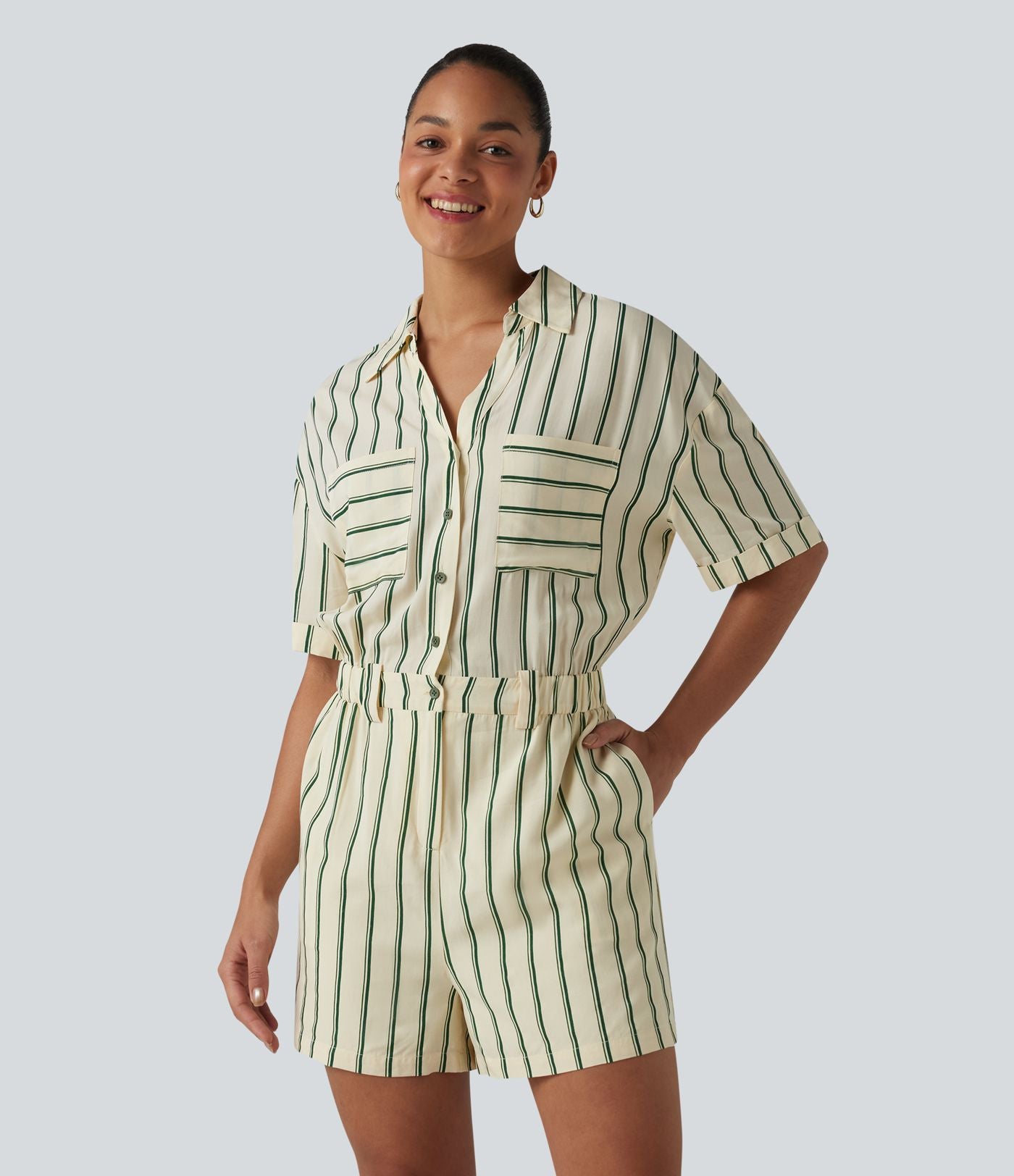 Combinaison-chemise décontractée rayée à manches courtes avec poches