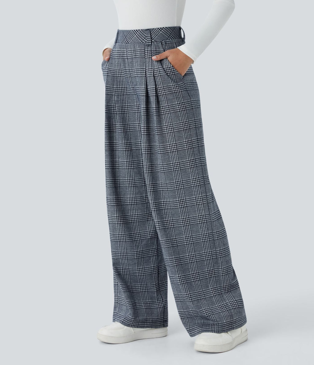 Pantalon taille haute décontracté large à carreaux, avec poches