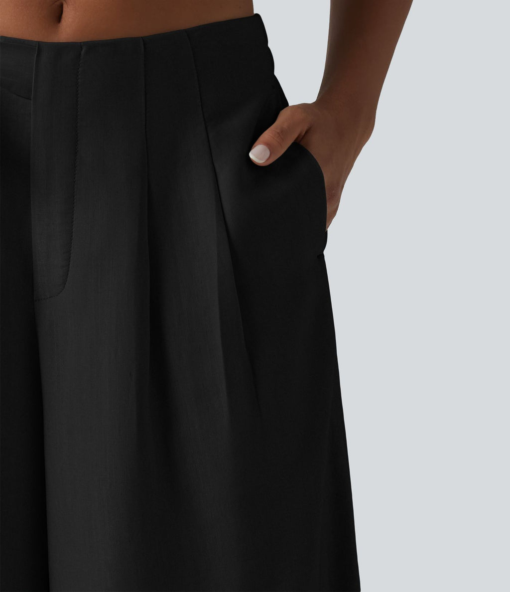 Pantalon large fluide taille haute en lin mélangé avec poches et liens latéraux