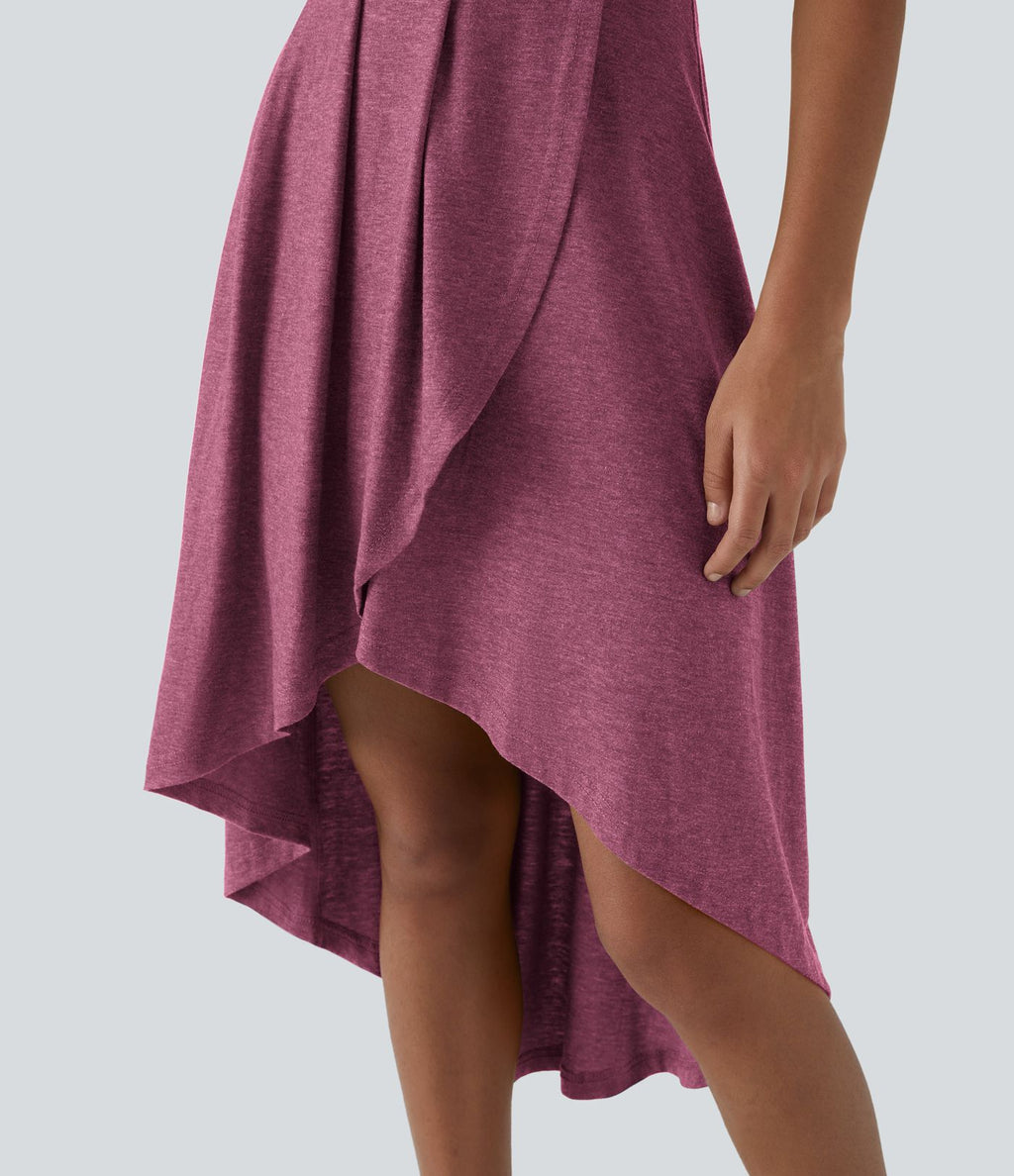 Robe Mi-Longue Plissée Décolleté Plongeant Sans Manches Haut Bas Ourlet Croisé