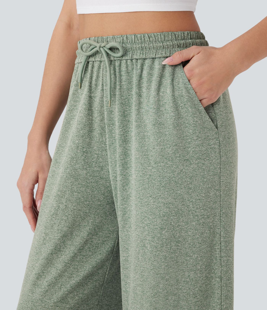 Pantalon large décontracté taille haute avec cordon de serrage et poches latérales
