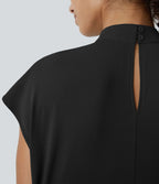 Blouse de Travail à Col Montant Plissée avec Boutons dans le Dos et Manches Courtes