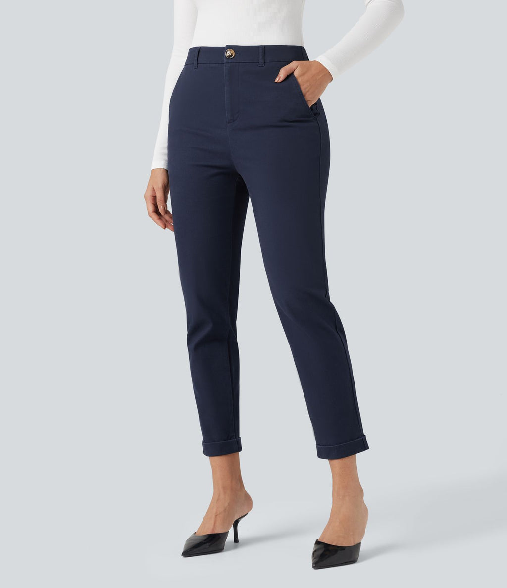 Pantalon coton 7/8 coupe ajustée taille mi-haute avec poches