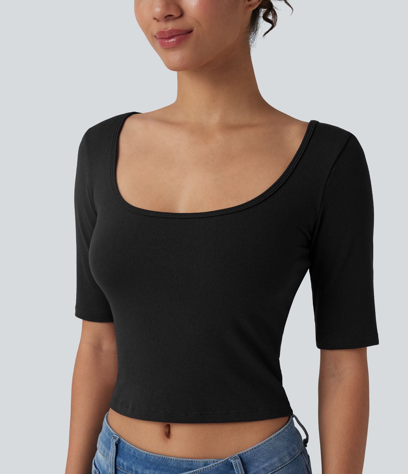 T-shirt décontracté côtelé col rond échancré manches courtes