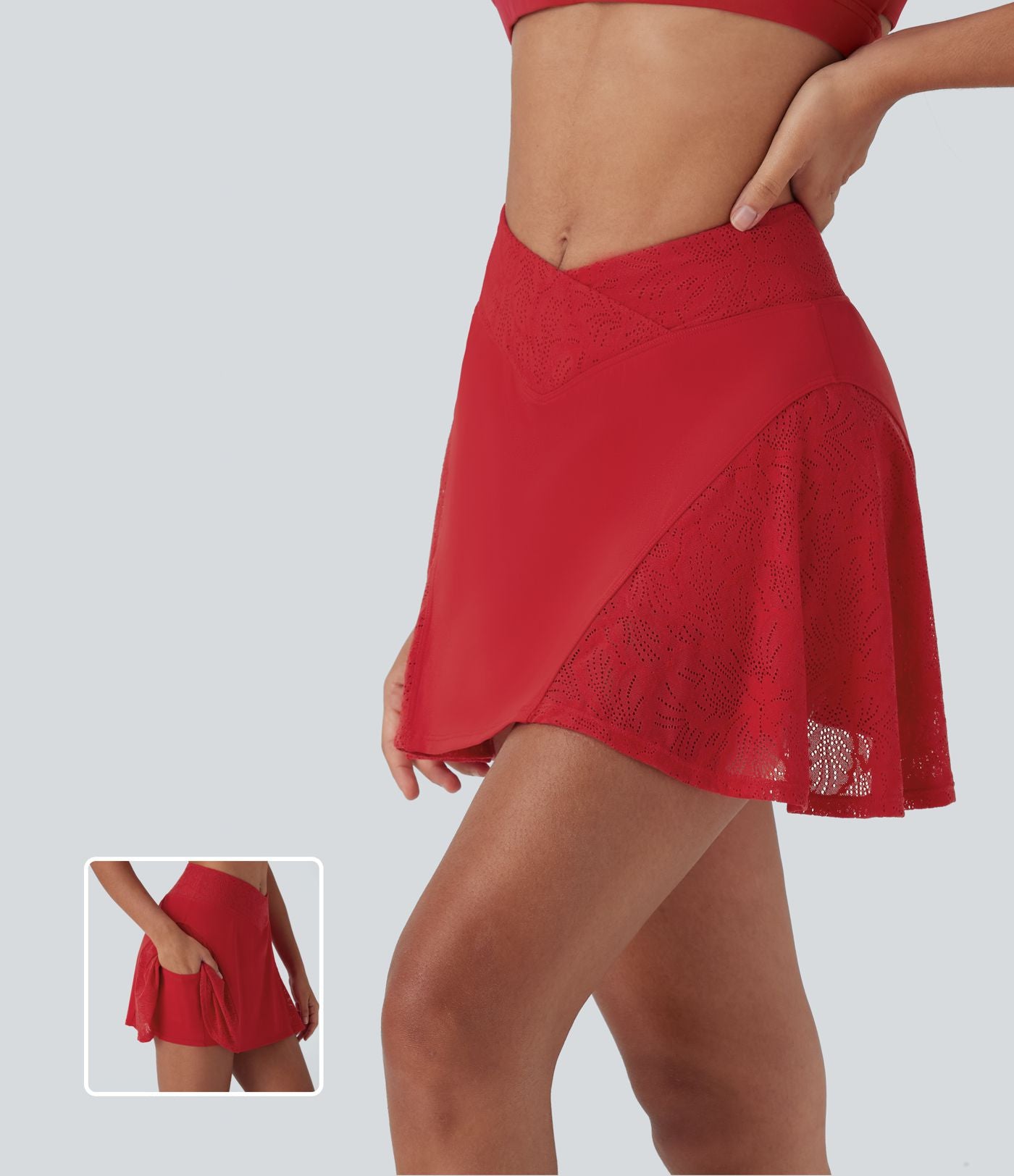 Jupe mini de yoga 2-en-1 SoftlyZero™ Airy croisée taille haute avec dentelle contrastante, à effet frais InstantCool et poche, protection solaire UPF50+