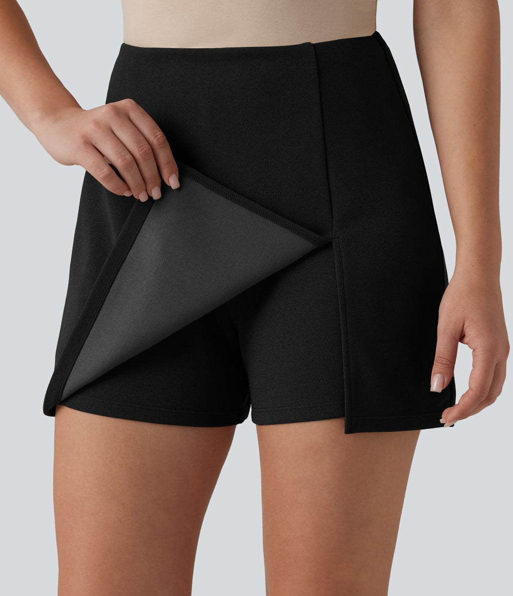 Jupe-short de travail fendue taille haute, infroissable et trapèze, avec poches