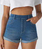 Halara Flex™ Short en Denim Tricot Extensible Lavé à Taille Haute avec Poches Multiples et Ourlet Replié