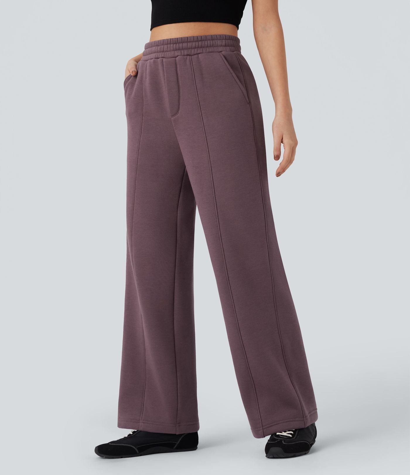 Pantalon jogging droit en coton molleton taille haute avec cordon et poches