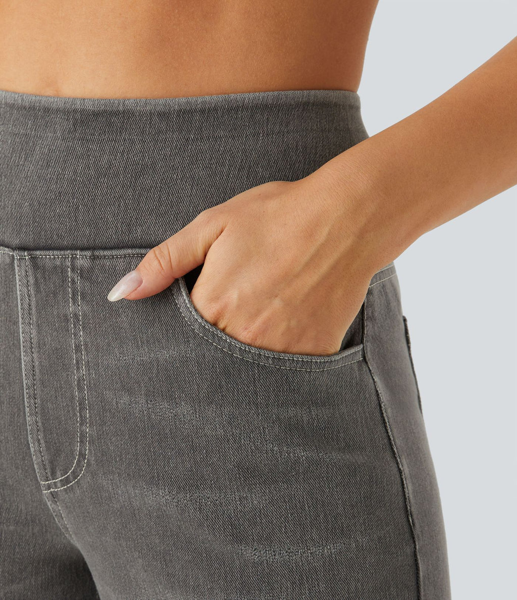 Halara Flex™ Jean Large Casual Taille Haute Poches Multiples Tricot Extensible Délavé