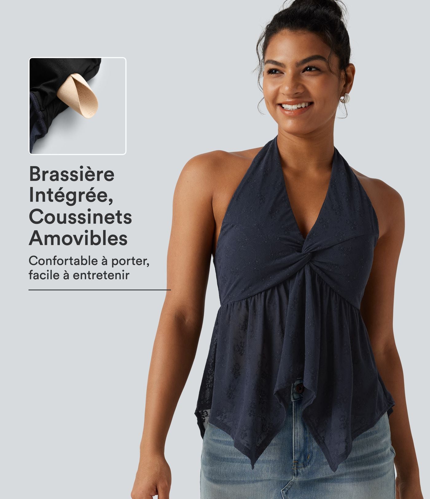 Chemisier casual en dentelle dos nu ourlet à volants avec brassière intégrée