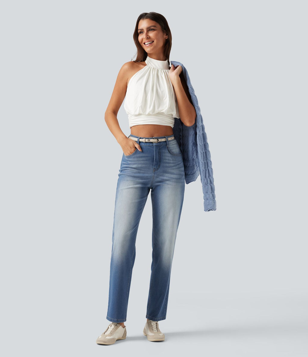 Jean droit Halara Flex™ taille haute gainant délavé avec poches
