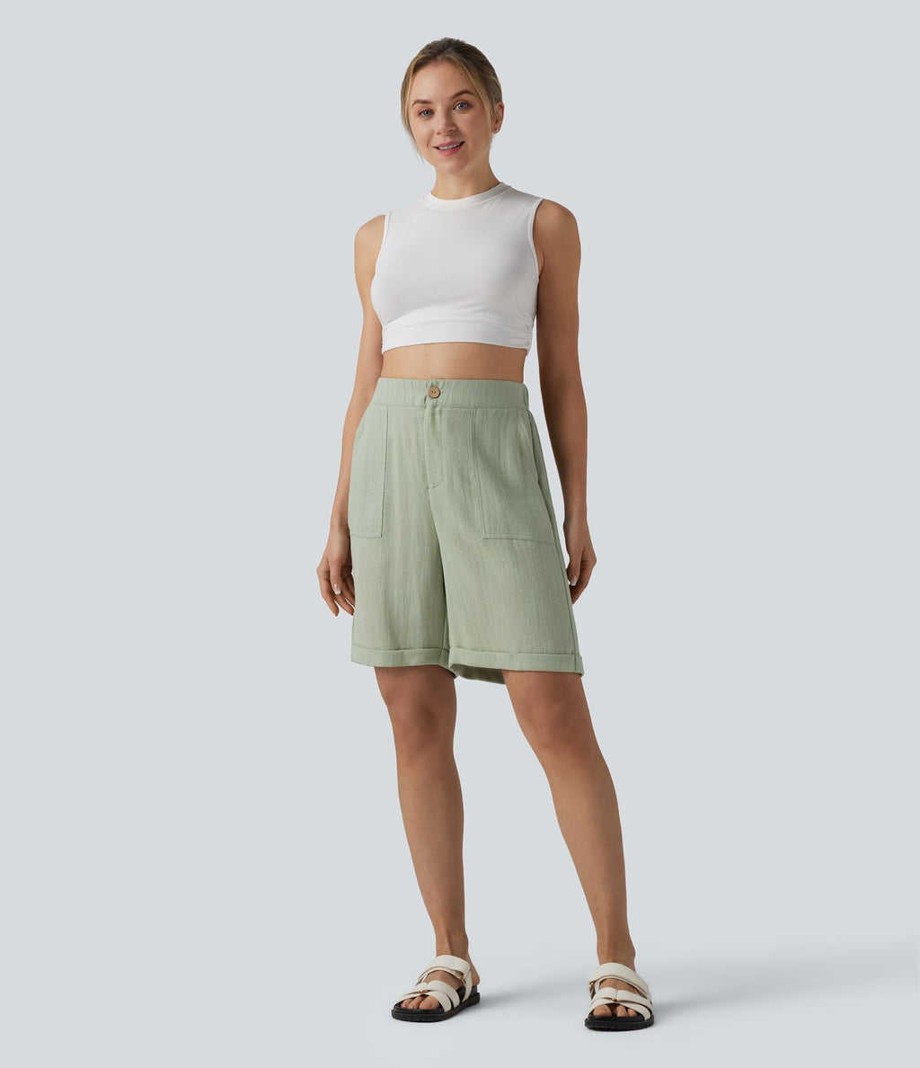 Bermuda casual taille haute aspect lin ourlet roulotté avec poches